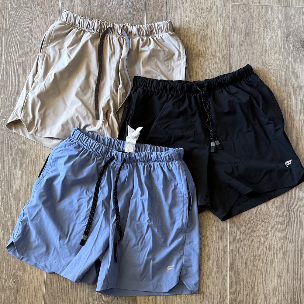 Fabletics Men's Athletic Lined Shorts Trio - Blue, Black, Beige